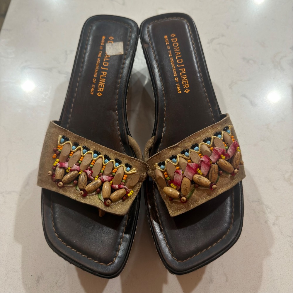 Donald J Pliner Womens Beaded Wedge Sandals Brown Gold Leather Slides Italy 11M